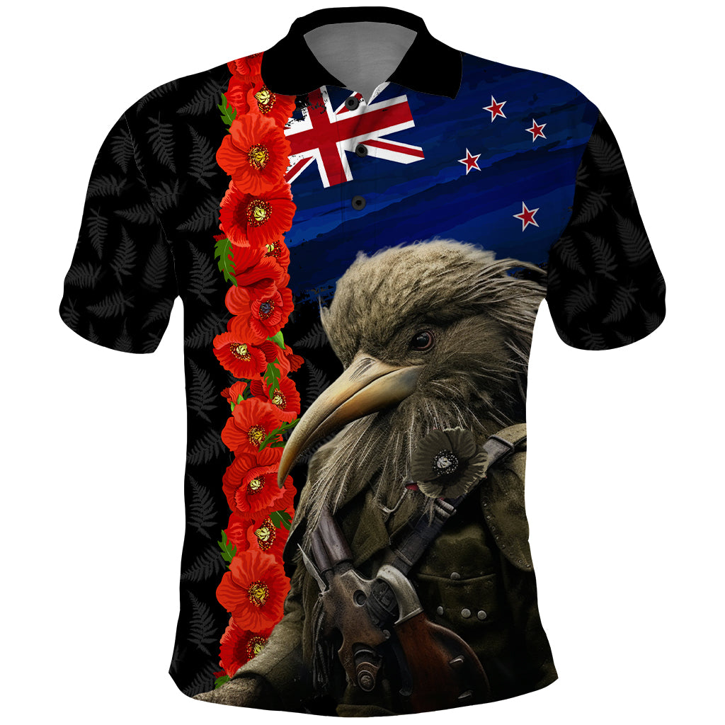 New Zealand Kiwi Soldier ANZAC Polo Shirt Red Poppy Flower and Silver Fern Pattern LT03 Black - Polynesian Pride