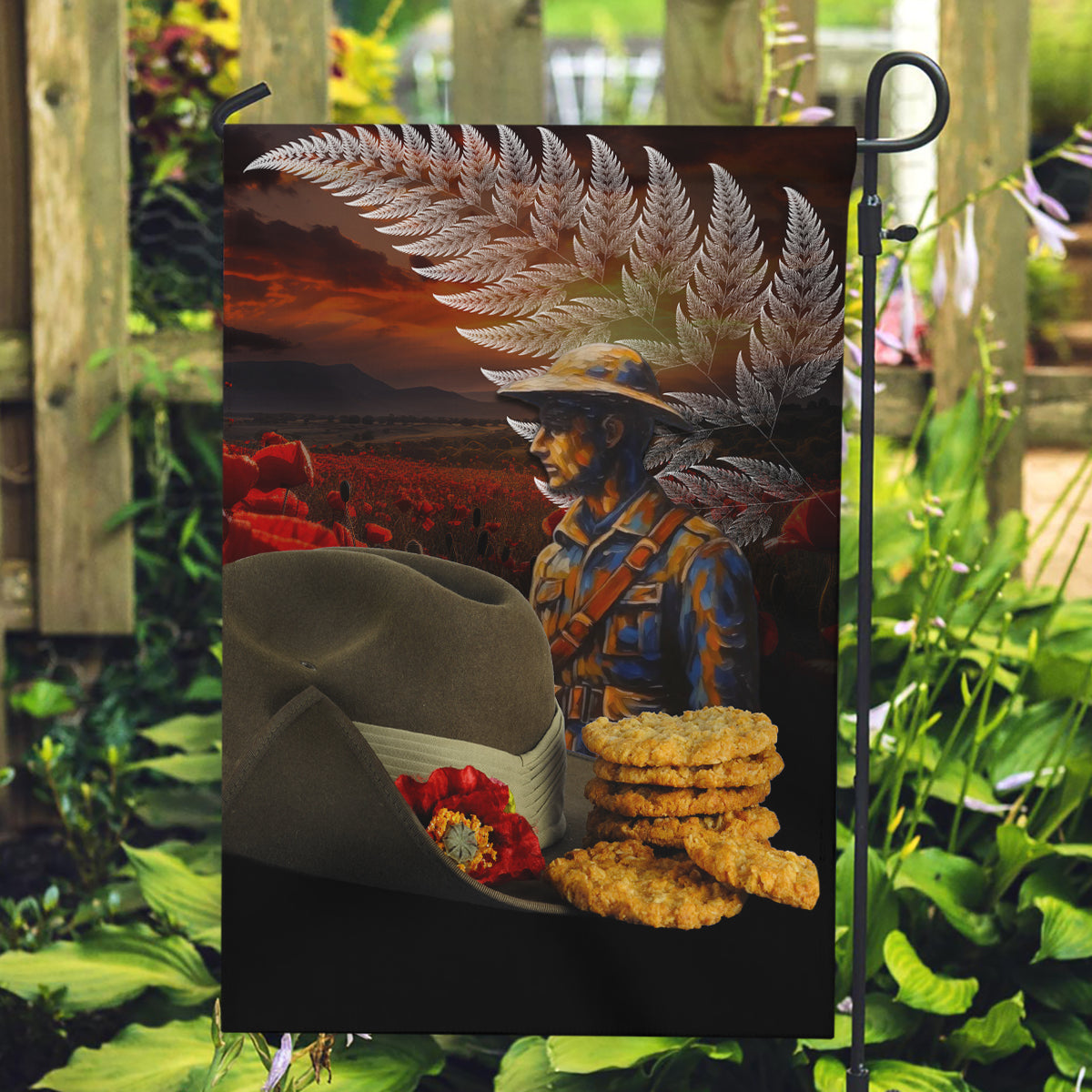 Slouch Hat and Biscuits ANZAC Garden Flag with Soldier Silver Fern LT03 Garden Flag Black - Polynesian Pride