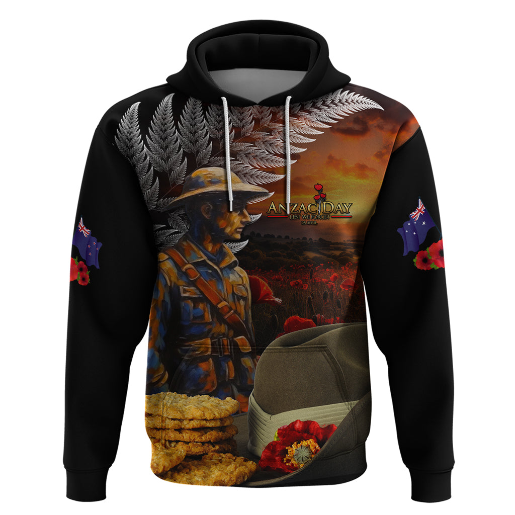 Slouch Hat and Biscuits ANZAC Hoodie with Soldier Silver Fern LT03 Pullover Hoodie Black - Polynesian Pride