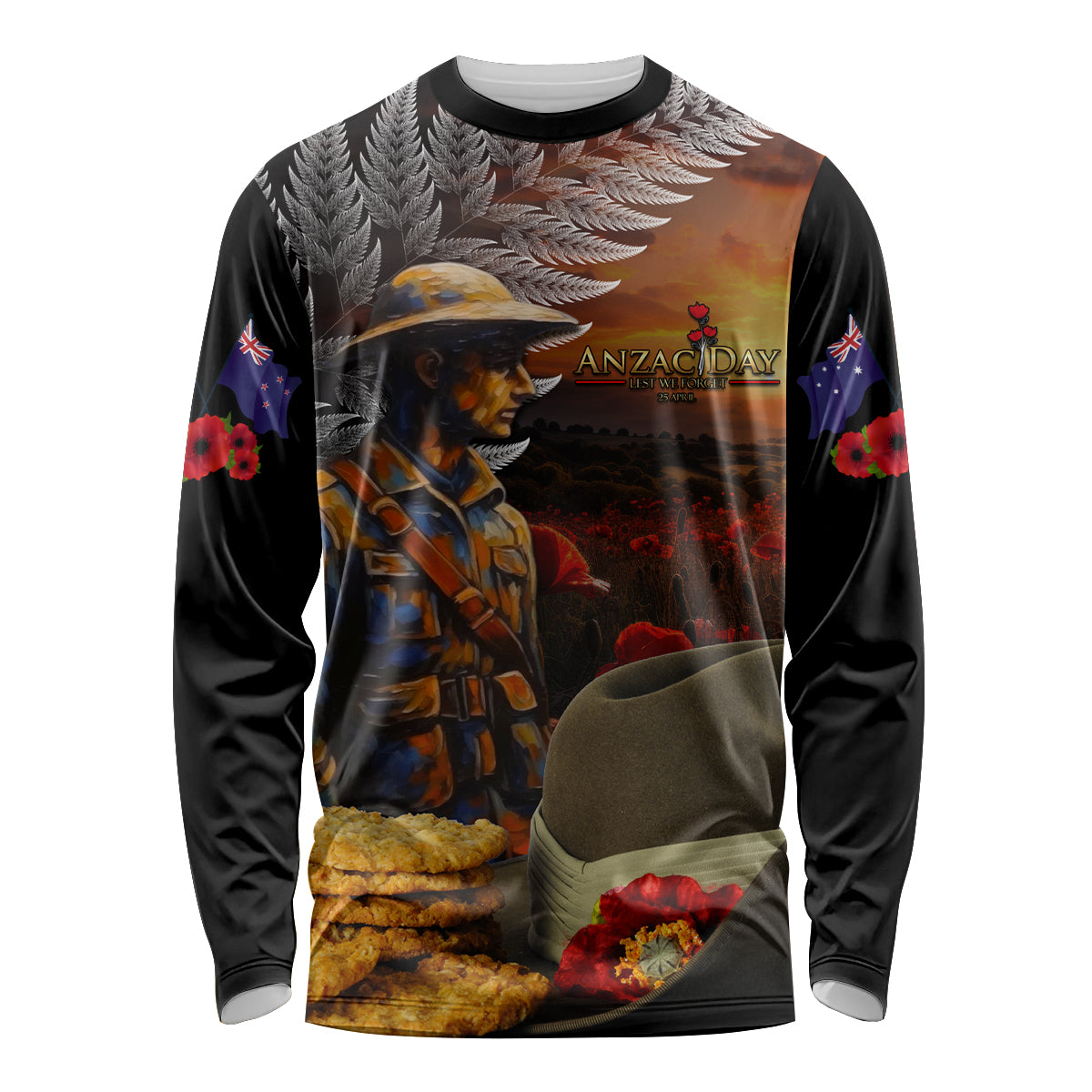 Slouch Hat and Biscuits ANZAC Long Sleeve Shirt with Soldier Silver Fern LT03 Unisex Black - Polynesian Pride