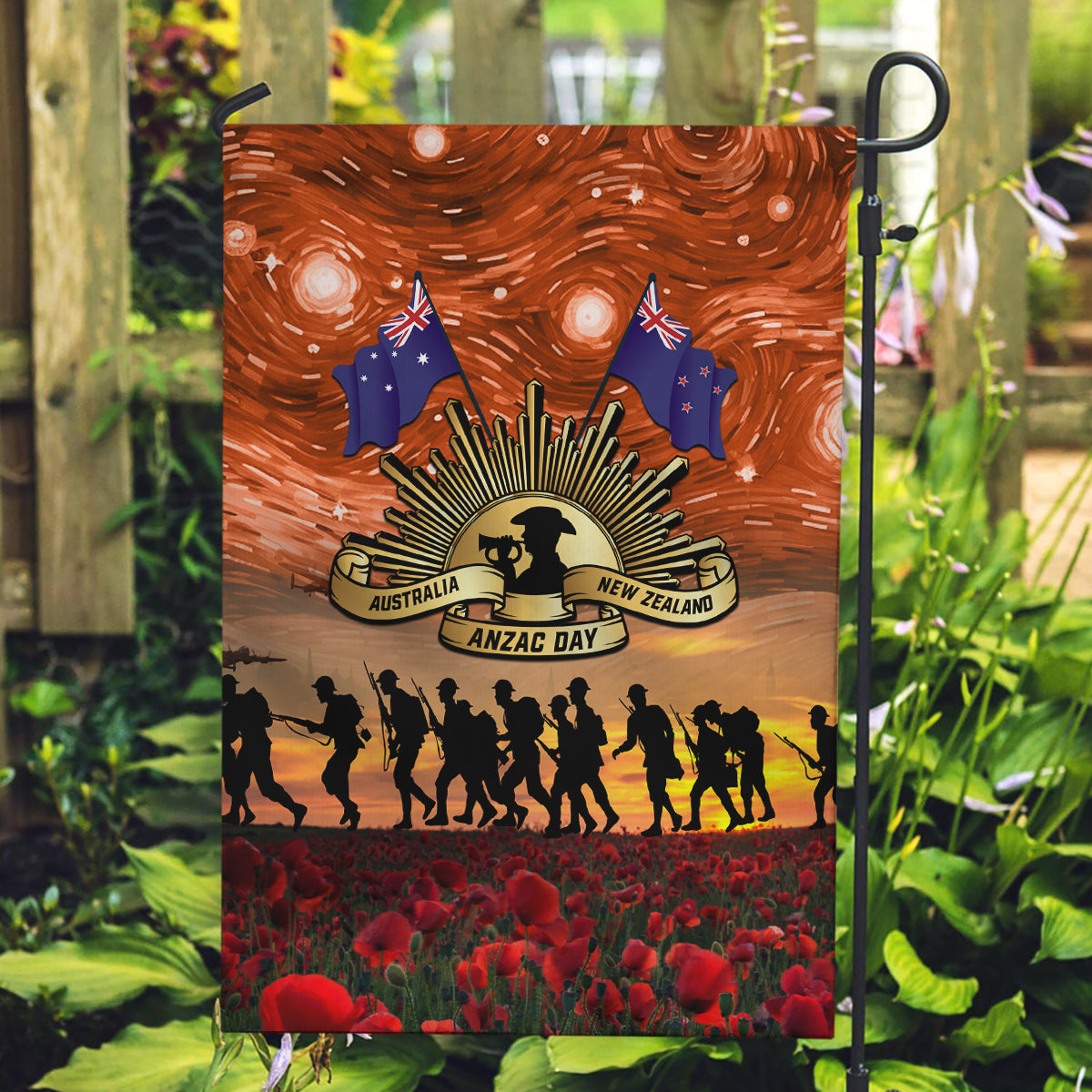 The Rising Sun Badge ANZAC Garden Flag Last Post Field of Poppy Starry Night Style LT03 Garden Flag Black - Polynesian Pride