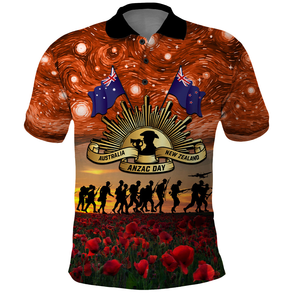 The Rising Sun Badge ANZAC Polo Shirt Last Post Field of Poppy Starry Night Style LT03 Black - Polynesian Pride