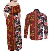 Pan-Pacific Festival Couples Matching Off Shoulder Maxi Dress and Long Sleeve Button Shirt Hawaiian Tribal and Japanese Pattern Together Culture