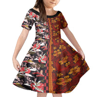 Japanese Culture Hawaii Style Kid Short Sleeve Dress Hawaiian Tribal and Japanese Pattern Together Culture LT03 KID Red - Polynesian Pride
