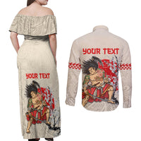 Personalised Pan-Pacific Festival Couples Matching Off Shoulder Maxi Dress and Long Sleeve Button Shirt Japanese Samurai with Hawaiian Pattern