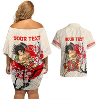 Personalised Japanese Culture Hawaii Style Couples Matching Off Shoulder Short Dress and Hawaiian Shirt Japanese Samurai with Hawaiian Pattern LT03 - Polynesian Pride