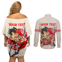 Personalised Japanese Culture Hawaii Style Couples Matching Off Shoulder Short Dress and Long Sleeve Button Shirt Japanese Samurai with Hawaiian Pattern LT03 - Polynesian Pride