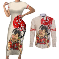 Personalised Pan-Pacific Festival Couples Matching Short Sleeve Bodycon Dress and Long Sleeve Button Shirt Japanese Samurai with Hawaiian Pattern