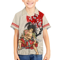 Personalised Japanese Culture Hawaii Style Family Matching Off Shoulder Short Dress and Hawaiian Shirt Japanese Samurai with Hawaiian Pattern LT03 Son's Shirt Beige - Polynesian Pride