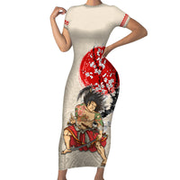 Personalised Japanese Culture Hawaii Style Short Sleeve Bodycon Dress Japanese Samurai with Hawaiian Pattern LT03 Long Dress Beige - Polynesian Pride