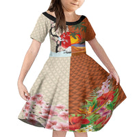 Japanese Culture Hawaii Style Family Matching Off Shoulder Short Dress and Hawaiian Shirt Mauna Kea and Fuji Mountains LT03 Daughter's Dress Brown - Polynesian Pride