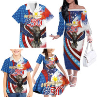 Philippines and United States Semiquincentennial Family Matching Off The Shoulder Long Sleeve Dress and Hawaiian Shirt Eagle and National Flag Style
