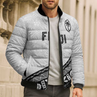 Custom Fijian Rugby Bomber Puffer Jacket Tapa Pattern and Palm Tree Tribal