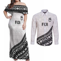 Custom Fijian Rugby Couples Matching Off Shoulder Maxi Dress and Long Sleeve Button Shirt Tapa Pattern and Palm Tree Tribal LT03 White - Polynesian Pride