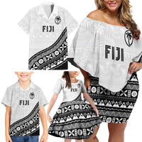 Custom Fijian Rugby Family Matching Off Shoulder Short Dress and Hawaiian Shirt Tapa Pattern and Palm Tree Tribal
