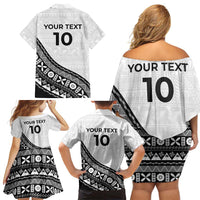 Custom Fijian Rugby Family Matching Off Shoulder Short Dress and Hawaiian Shirt Tapa Pattern and Palm Tree Tribal
