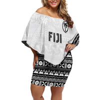 Custom Fijian Rugby Family Matching Off Shoulder Short Dress and Hawaiian Shirt Tapa Pattern and Palm Tree Tribal