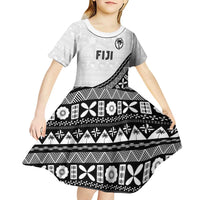 Custom Fijian Rugby Kid Short Sleeve Dress Tapa Pattern and Palm Tree Tribal