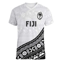 Custom Fijian Rugby Women V-Neck T-Shirt Tapa Pattern and Palm Tree Tribal