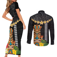 Hawaii Plumeria Lei Couples Matching Short Sleeve Bodycon Dress and Long Sleeve Button Shirt Tiki and Kakau Pattern Black Color