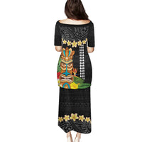 Hawaii Plumeria Lei Family Matching Puletasi and Hawaiian Shirt Tiki and Kakau Pattern Black Color