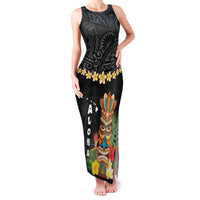 Hawaii Plumeria Lei Family Matching Tank Maxi Dress and Hawaiian Shirt Tiki and Kakau Pattern Black Color