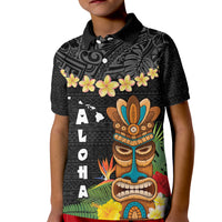 Hawaii Plumeria Lei Kid Polo Shirt Tiki and Kakau Pattern Black Color
