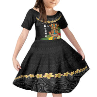 Hawaii Plumeria Lei Kid Short Sleeve Dress Tiki and Kakau Pattern Black Color