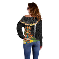 Hawaii Plumeria Lei Off Shoulder Sweater Tiki and Kakau Pattern Black Color