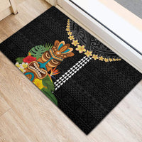 Hawaii Plumeria Lei Rubber Doormat Tiki and Kakau Pattern Black Color
