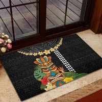 Hawaii Plumeria Lei Rubber Doormat Tiki and Kakau Pattern Black Color