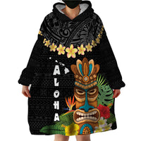 Hawaii Plumeria Lei Wearable Blanket Hoodie Tiki and Kakau Pattern Black Color