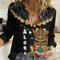 Hawaii Plumeria Lei Women Casual Shirt Tiki and Kakau Pattern Black Color