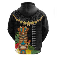 Hawaii Plumeria Lei Zip Hoodie Tiki and Kakau Pattern Black Color