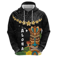 Hawaii Plumeria Lei Zip Hoodie Tiki and Kakau Pattern Black Color
