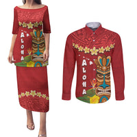 Hawaii Plumeria Lei Couples Matching Puletasi and Long Sleeve Button Shirt Tiki and Kakau Pattern Red Color