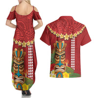 Hawaii Plumeria Lei Couples Matching Summer Maxi Dress and Hawaiian Shirt Tiki and Kakau Pattern Red Color