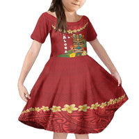 Hawaii Plumeria Lei Kid Short Sleeve Dress Tiki and Kakau Pattern Red Color