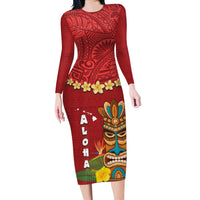 Hawaii Plumeria Lei Long Sleeve Bodycon Dress Tiki and Kakau Pattern Red Color LT03 Long Dress Red - Polynesian Pride