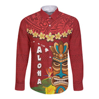 Hawaii Plumeria Lei Long Sleeve Button Shirt Tiki and Kakau Pattern Red Color