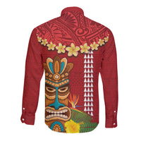 Hawaii Plumeria Lei Long Sleeve Button Shirt Tiki and Kakau Pattern Red Color