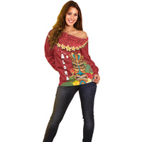 Hawaii Plumeria Lei Off Shoulder Sweater Tiki and Kakau Pattern Red Color