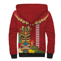 Hawaii Plumeria Lei Sherpa Hoodie Tiki and Kakau Pattern Red Color