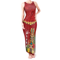 Hawaii Plumeria Lei Tank Maxi Dress Tiki and Kakau Pattern Red Color LT03 Women Red - Polynesian Pride