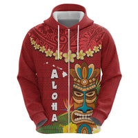 Hawaii Plumeria Lei Zip Hoodie Tiki and Kakau Pattern Red Color