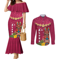 Hawaii Plumeria Lei Couples Matching Mermaid Dress and Long Sleeve Button Shirt Tiki and Kakau Pattern Pink Color