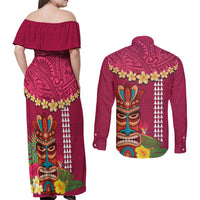Hawaii Plumeria Lei Couples Matching Off Shoulder Maxi Dress and Long Sleeve Button Shirt Tiki and Kakau Pattern Pink Color