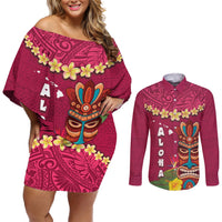 Hawaii Plumeria Lei Couples Matching Off Shoulder Short Dress and Long Sleeve Button Shirt Tiki and Kakau Pattern Pink Color
