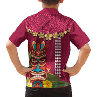 Hawaii Plumeria Lei Family Matching Tank Maxi Dress and Hawaiian Shirt Tiki and Kakau Pattern Pink Color