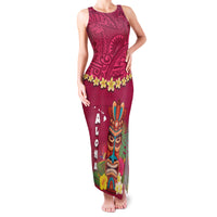 Hawaii Plumeria Lei Family Matching Tank Maxi Dress and Hawaiian Shirt Tiki and Kakau Pattern Pink Color